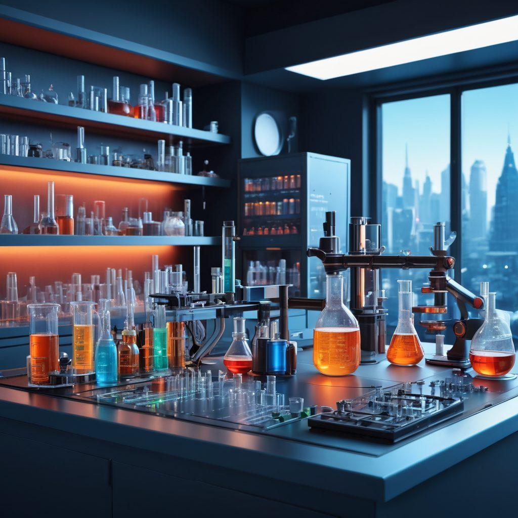 A futuristic laboratory scene showcasing a diverse range of lab apparatus and scientific tools, including test tubes, beakers, microscopes, and advanced tech gadgets, all organized neatly on sleek countertops. The environment should feel vibrant and inviting, illuminated with soft lighting that highlights the tools' intricate details and innovative designs. Include a subtle backdrop of wall charts filled with scientific diagrams and formulas. super-realistic. vibrant colors. 3D.