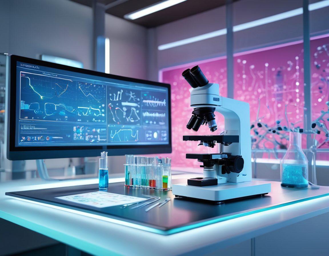 A futuristic laboratory setting showcasing essential scientific instruments like a high-tech microscope, automated pipettes, and a sleek spectrophotometer. The background features a large digital display with vibrant data charts and molecular structures, highlighting the theme of cutting-edge discovery. Bright, clean lighting enhances the modern feel, suggesting innovation and precision. super-realistic. vibrant colors. 3D.