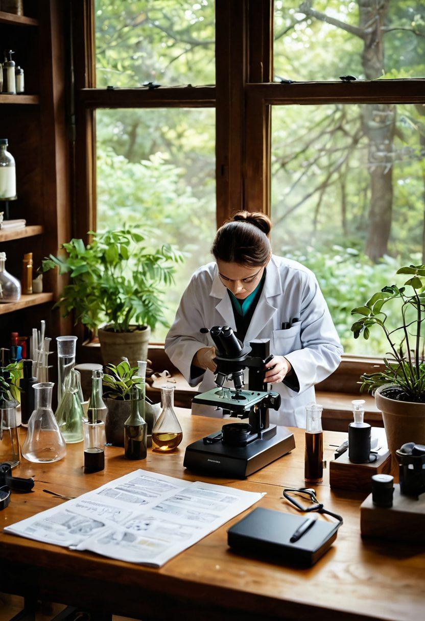 A collage of various scientific tools like microscopes, beakers, and test tubes, seamlessly placed on a textured wooden desk, with a researcher in a lab coat deeply focused while taking notes. Soft light filtering through a window casts shadows, bringing a sense of depth to the scene. Include elements of nature such as plants to symbolize the connection between lab work and the environment. Clean layout, minimalistic background. super-realistic. earthy tones. warm lighting.